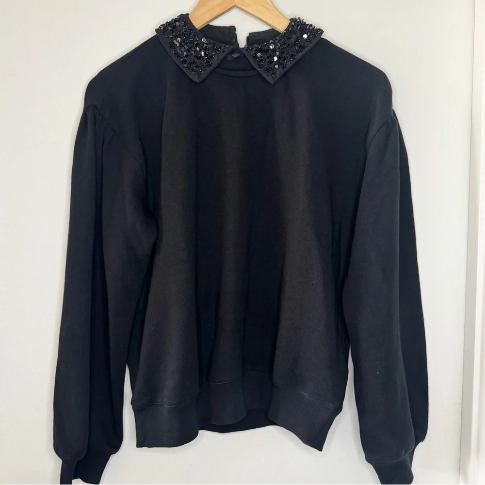 J Crew Black Sequin embellished Collar Sweatshirt Women’s X Small 4 Glam preppy